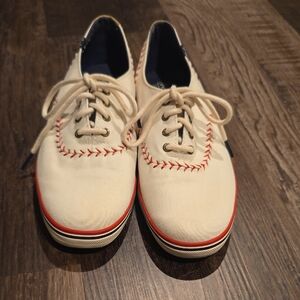 Keds White Canvas Sneakers with Red Baseball Stitching, sz 9.5